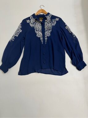 Bob Mackie Wearable Art Silk Embroidered Blouse Blue Floral Cutwork Small